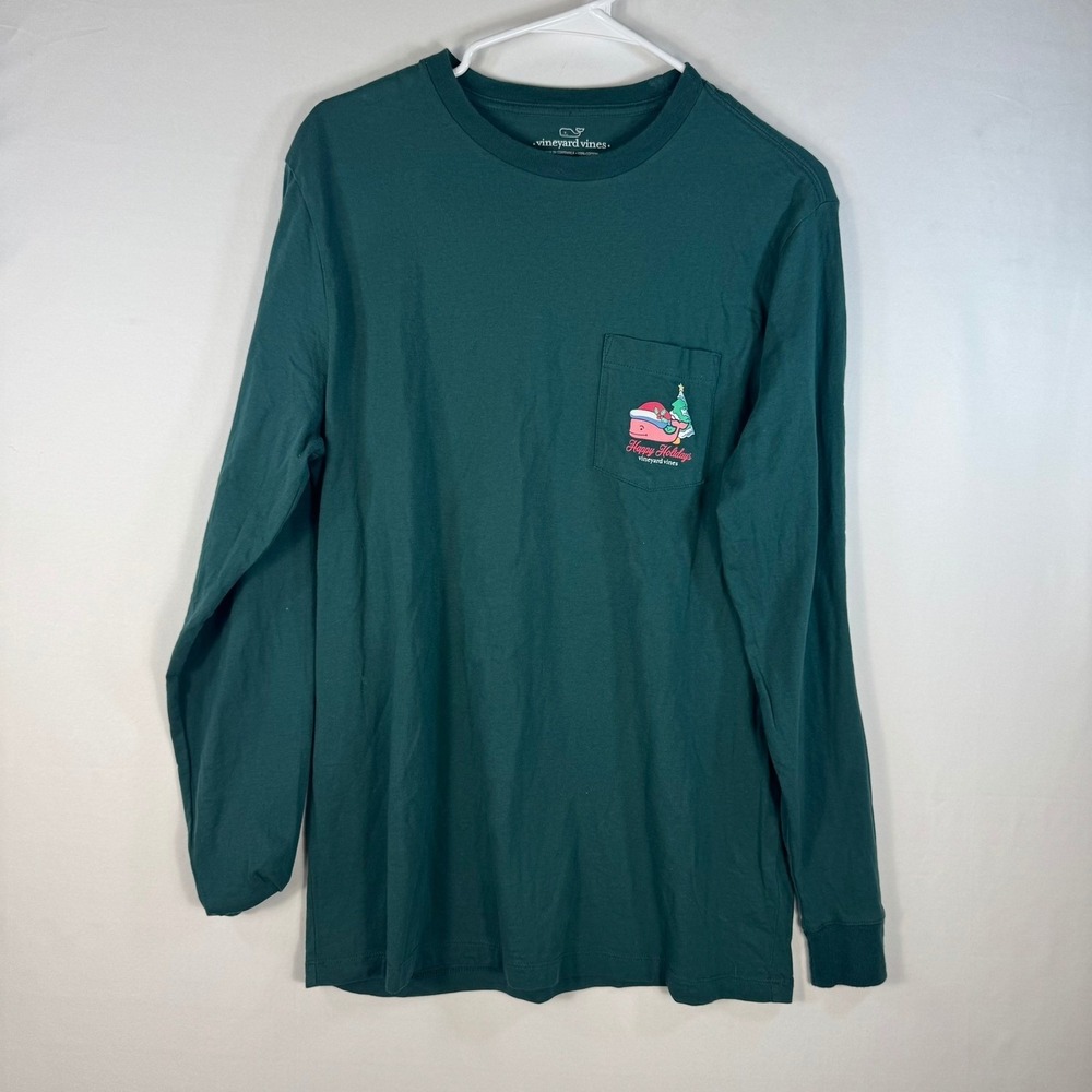 Vineyard Vines Mens Green Happy Holidays Wreath Long Sleeve Pocket T-Shirt M